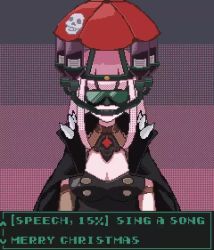 Rule 34 | 1girl, animated, beer hat, black cloak, bottle, breasts, cloak, dialogue box, diving mask, english text, facing viewer, fallout (series), goggles, hololive, hololive english, large breasts, long hair, looping animation, mori calliope, mori calliope (1st costume), pink hair, pixel art, ronin (zeth total), skull print, solo, spikes, underwear, video, virtual youtuber, wine bottle