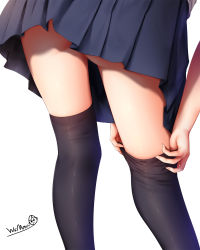 Rule 34 | 1girl, adjusting clothes, adjusting legwear, black thighhighs, blue skirt, from behind, highres, lower body, original, pleated skirt, signature, simple background, skindentation, skirt, solo, thighhighs, thighs, white background, wsman