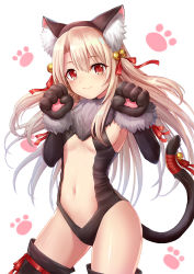 Rule 34 | 1girl, animal ears, animal hands, bad id, bad pixiv id, bell, black gloves, black leotard, black thighhighs, blush, breasts, cat ears, cat tail, closed mouth, commentary request, dangeroes beast (illya), elbow gloves, fate/kaleid liner prisma illya, fate (series), gloves, hair bell, hair between eyes, hair ornament, hair ribbon, head tilt, highres, illyasviel von einzbern, jingle bell, leotard, light brown hair, looking at viewer, navel, official alternate costume, paw gloves, red eyes, red ribbon, ribbon, seungju lee, simple background, small breasts, smile, solo, standing, tail, tail bell, tail ornament, tail ribbon, thighhighs, two side up, underboob, white background