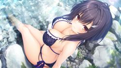 Rule 34 | 1girl, barefoot, bikini, black hair, blush, breasts, day, floral print, from above, game cg, halterneck, hand on own thigh, highres, large breasts, long hair, looking at viewer, mikagami mamizu, official art, outdoors, pieces / wataridori no somnium, side-tie bikini bottom, sitting, smile, soaking feet, solo, stream, string bikini, swimsuit, takanashi tsumugi (pieces), thighs, water, wing hair ornament