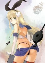 Rule 34 | 10s, 1girl, :/, ass, back, bait, blonde hair, blue eyes, butt crack, chig (mizusaki), elbow gloves, gloves, hairband, highres, hook, kantai collection, long hair, looking at viewer, pleated skirt, shimakaze (kancolle), skirt, solo, tears, thighhighs, thong, torn clothes