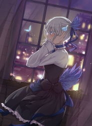 Rule 34 | 1girl, black dress, blue eyes, bow, bug, butterfly, chain, cowboy shot, dress, echo (pandora hearts), feather hair ornament, feathers, frilled dress, frills, from side, grey hair, hair ornament, highres, insect, norinyuen, pandora hearts, reflection, shirt, solo, white shirt, window
