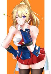 Rule 34 | 1girl, absurdres, astoria (azur lane), azur lane, bare shoulders, belt, black thighhighs, blonde hair, blush, breasts, core1013, feet out of frame, hand on own hip, highres, index finger raised, long hair, looking at viewer, one eye closed, ponytail, purple eyes, red skirt, simple background, skirt, smile, solo, standing, thighhighs