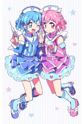 1boy 1girl akagi_(sk0127aho) blue_eyes blue_hair boots braid brother_and_sister crossdressing dorothy_west dress full_body hat heart holding holding_syringe idol_clothes looking_at_viewer mole mole_under_eye nurse_cap pink_eyes pink_hair pretty_series pripara reona_west short_hair siblings side_braid star_(symbol) stethoscope syringe trap twins