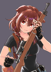 Rule 34 | 1girl, animal ears, belt, black gloves, black shirt, blue pants, bolt action, bone hair ornament, braid, breasts, brown hair, cartoon bone, casing ejection, closed mouth, commentary request, denim, dog ears, dog girl, fingerless gloves, gloves, gun, hair between eyes, hair ornament, hairclip, highres, holding, holding gun, holding weapon, hololive, inugami korone, jeans, lips, long hair, looking at viewer, low twin braids, medium breasts, pants, reloading, rifle, sabaku, scope, shell casing, shirt, short sleeves, simple background, smile, sniper rifle, solo, tail, twin braids, upper body, virtual youtuber, weapon