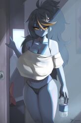 Rule 34 | 1girl, absurdres, bare shoulders, bass guitar, big hair, black hair, black panties, blonde hair, blue skin, bottle, breasts, cameltoe, cleavage, colored sclera, colored skin, commentary, crop top, crop top overhang, doorway, english commentary, geistbox, hair ornament, highres, holding, holding bottle, huge breasts, instrument, long hair, messy hair, morning, multicolored hair, no bra, no pupils, off-shoulder shirt, off shoulder, original, pandy (geistbox), panties, ponytail, pov doorway, shirt, sidelighting, solid eyes, solo, star (symbol), star hair ornament, streaked hair, underwear, very long hair, water bottle, yellow sclera