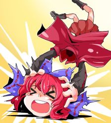 Rule 34 | &gt; &lt;, 1girl, bow, cape, disembodied head, closed eyes, hair bow, highres, long sleeves, open mouth, red hair, sekibanki, shinapuu, short hair, skirt, smile, solo, touhou