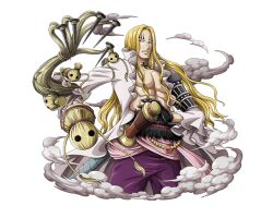 Rule 34 | 1boy, abs, basil hawkins, black gloves, blonde hair, cloud, cross, gloves, iron cross, long hair, nail, official art, one piece, one piece treasure cruise, open clothes, open shirt, pants, purple pants, shirt, transparent background, voodoo doll, weapon, white shirt