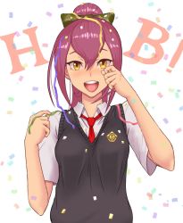 Rule 34 | 1girl, :d, blush, bow, confetti, green bow, hair bow, happy, happy birthday, ibuki imina, looking at viewer, necktie, open mouth, ponytail, purple hair, school girl strikers, school uniform, shigatsugata, smile, solo, tears, vest, wiping tears, yellow eyes