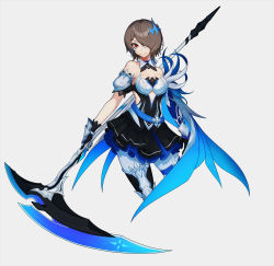 Rule 34 | 1girl, bare shoulders, black dress, breasts, brown hair, cleavage, closed mouth, dress, earrings, gkfnaptm, gloves, grey background, hair over one eye, highres, holding, holding scythe, holding weapon, honkai (series), honkai impact 3rd, jewelry, looking at viewer, pants, rita rossweisse, rita rossweisse (artemis), scythe, short hair, simple background, smile, solo, weapon, white gloves, white pants