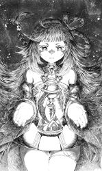 Rule 34 | 1girl, absurdres, bare shoulders, braid, collar, cowboy shot, crowned by the world chalice, detached sleeves, duel monster, floating, floating hair, glowing, greyscale, hands up, highres, ib (yu-gi-oh!), long hair, long sleeves, metal collar, monochrome, parted lips, sea whites, solo, wide sleeves, world legacy - &quot;world chalice&quot;, yu-gi-oh!