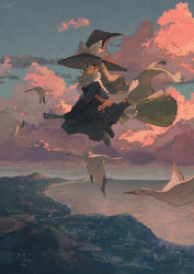 Rule 34 | 1girl, bird, black dress, black footwear, black gloves, black headwear, blush, bow, broom, broom riding, closed mouth, cloud, dress, evening, gloves, grey hair, hat, hat bow, highres, long hair, long sleeves, mountain, ocean, original, outdoors, potg (piotegu), red eyes, scarf, sky, water, white bow, white scarf, witch, witch hat