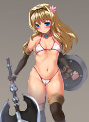 Rule 34 | 1girl, aquaplus, axe, battle axe, bikini, blonde hair, blue eyes, blush, boots, breasts, cameltoe, choker, collarbone, covered erect nipples, cropped, elbow gloves, embarrassed, flower, gloves, groin, hair flower, hair intakes, hair ornament, hairband, highres, holding, imazon, kusugawa sasara, long hair, manaka de ikuno!!, micro bikini, navel, revision, shield, simple background, small breasts, solo, sweat, swimsuit, thigh boots, thighhighs, to heart, to heart (series), to heart 2, to heart 2 dungeon travelers, weapon, white bikini