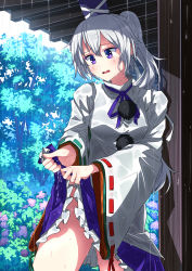Rule 34 | 1girl, absurdres, blue eyes, blue headwear, blue skirt, commentary request, grey hair, highres, long sleeves, medium hair, mononobe no futo, pom pom (clothes), ponytail, purple eyes, sazanami mio (style), shimotsuki aoi, skirt, sleeves past fingers, sleeves past wrists, solo, touhou, wide sleeves