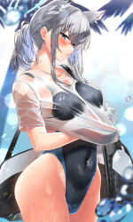 Rule 34 | 1girl, animal ear fluff, animal ears, blue archive, blue eyes, blue one-piece swimsuit, blush, breasts, collarbone, competition swimsuit, extra ears, grey hair, halo, highleg, highleg swimsuit, highres, kawai (purplrpouni), looking at viewer, medium breasts, medium hair, multicolored clothes, multicolored swimsuit, official alternate costume, one-piece swimsuit, open mouth, see-through, shiroko (blue archive), shiroko (swimsuit) (blue archive), shirt, short ponytail, short sleeves, sidelocks, solo, standing, swimsuit, thighs, wet, wet clothes, wet shirt, white shirt, wolf ears