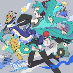 Rule 34 | 1girl, air balloon (pokemon), ampharos, artist name, balloon, bellibolt, black footwear, black skirt, black sleeves, blue hair, boots, chinchou, closed eyes, collared shirt, colored eyelashes, commentary request, creatures (company), denki yohou (vocaloid), detached sleeves, floating hair, foot out of frame, foot up, from side, game freak, gen 1 pokemon, gen 2 pokemon, gen 3 pokemon, gen 6 pokemon, gen 7 pokemon, grey background, grey shirt, hair ornament, hand up, hatsune miku, headphones, helioptile, long hair, mimikyu, miniskirt, minun, miraidon, nintendo, number tattoo, open mouth, pelipper, pikachu, plusle, pokemon, pokemon (creature), profile, project voltage, sagemaru-br, shirt, shoulder tattoo, simple background, skirt, sleeveless, sleeveless shirt, sleeves past fingers, sleeves past wrists, smile, solo, song name, tattoo, thigh boots, togedemaru, twintails, very long hair, vocaloid, watermark