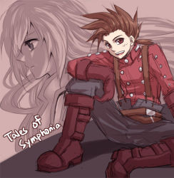 Rule 34 | 00s, belt, boots, brown eyes, brown hair, buttons, colette brunel, gloves, happy, lloyd irving, long hair, open mouth, pants, sad, shoes, short hair, sitting, suspenders, tales of (series), tales of symphonia, text focus, v-ko (vickywa)