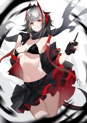 Rule 34 | 1girl, arknights, bare shoulders, bikini, black bikini, black gloves, black jacket, black scarf, black skirt, breasts, cowboy shot, fingerless gloves, gloves, grin, hands up, highres, holding, horns, jacket, looking at viewer, medium breasts, miniskirt, molianmengdada, nail polish, navel, off shoulder, open clothes, open jacket, pleated skirt, red nails, scarf, short hair, silver hair, skirt, smile, solo, stomach, swimsuit, thighs, w (arknights), yellow eyes