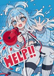 Rule 34 | 1girl, @ @, absurdres, blue background, blue eyes, blue hair, blush, commentary, cropped hoodie, dot nose, english commentary, english text, highres, holding, holding megaphone, hololive, hololive indonesia, hood, hoodie, jacket, kobo kanaeru, kobo kanaeru (1st costume), liquid hair, long hair, megaphone, melonbread, midriff, multicolored hair, navel, open mouth, pants, plaid, plaid jacket, simple background, solo, split ponytail, very long hair, virtual youtuber, white hair, white hoodie, white pants