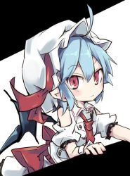 Rule 34 | 1girl, ahoge, bat wings, blue hair, clothing cutout, commentary request, hat, hat ribbon, looking at viewer, noya makoto, pointy ears, red eyes, red neckwear, red ribbon, remilia scarlet, ribbon, shirt, short hair, short sleeves, shoulder cutout, skirt, solo, touhou, upper body, white background, white hat, white shirt, white skirt, wings, wrist cuffs