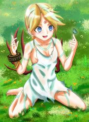 Rule 34 | 1girl, :d, absurdres, barefoot, blonde hair, blue eyes, body markings, bracelet, breasts, breath of fire, breath of fire v, bug, butterfly, dress, facial mark, flower, forehead mark, full-body tattoo, full body, grass, highres, insect, jewelry, loopa, nina (breath of fire v), open mouth, red wings, see-through, short hair, smile, solo, tattoo, white dress, wings