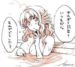 Rule 34 | 1girl, animal ears, aquaplus, arm up, bare arms, bare shoulders, bath, bathing, breasts, collarbone, commentary request, finger to own chin, hair between eyes, hair over shoulder, head tilt, in water, kitarune, large breasts, long hair, looking at viewer, lowres, monochrome, nosuri, nude, raised eyebrows, sidelocks, signature, solo, speech bubble, translation request, utawarerumono, utawarerumono: itsuwari no kamen, water, wavy hair, wavy mouth, wet