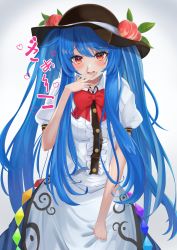 Rule 34 | 1girl, alternate hairstyle, black hat, blue hair, blue skirt, blush, buttons, center frills, collared shirt, food, food-themed hat ornament, frills, fruit, fruit hat ornament, hair between eyes, hat, hat ornament, heart, highres, hinanawi tenshi, long hair, mukade 172, open mouth, peach, puffy short sleeves, puffy sleeves, rainbow order, red eyes, shirt, short sleeves, skirt, smile, solo, touhou, twintails, upper body, white shirt