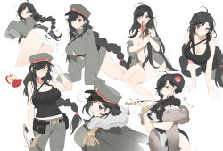 Rule 34 | 1girl, ahoge, alternate costume, apple, ass, bahao diqiu, black hair, black tank top, bracelet, braid, breasts, chinese clothes, cleavage, food, fruit, fur trim, general liu (girls&#039; frontline), girls&#039; frontline, gloves, hat, highres, jacket, jewelry, large breasts, long hair, mouth hold, multiple views, navel, necklace, panda panties, panties, smoking pipe, ribbon, ribbon in mouth, single braid, sleeves past wrists, smile, sword, tank top, underwear, weapon, white background, white gloves