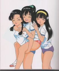 Rule 34 | 3girls, absurdres, buruma, gym uniform, highres, multiple girls, shoes, u-jin, uwabaki