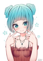 Rule 34 | 1girl, alternate costume, alternate hairstyle, aqua eyes, aqua hair, aqua nails, bad id, bad pixiv id, blunt bangs, blush, breasts, camisole, collarbone, commentary, double bun, floral background, giryu, hair bun, hands up, hatsune miku, jewelry, looking at viewer, nail polish, necklace, signature, small breasts, smile, solo, spaghetti strap, spread fingers, vocaloid, white background