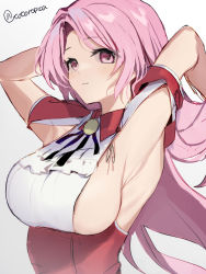 Rule 34 | 1girl, armpit cutout, armpit focus, breasts, clothing cutout, commentary request, highres, kantai collection, large breasts, long hair, luigi di savoia duca degli abruzzi (kancolle), one-hour drawing challenge, picoli1313, pink eyes, pink hair, red skirt, short sleeves, sideboob, simple background, skirt, solo, twitter username, white background