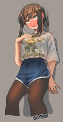Rule 34 | 1girl, alternate costume, artist logo, artist name, black hair, black pantyhose, blue shorts, blush, clothes writing, commentary, cropped legs, dolphin shorts, english commentary, ergot, feet out of frame, fubuki (kancolle), green eyes, grey background, highres, jewelry, kantai collection, open mouth, pantyhose, ring, shirt, short hair, short ponytail, short sleeves, shorts, simple background, solo, wedding ring, white shirt