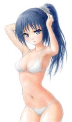 Rule 34 | 1girl, bikini, blue eyes, blue hair, long hair, matching hair/eyes, mitsu (komainumilk), original, ponytail, solo, swimsuit, white bikini