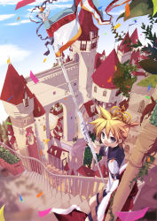 Rule 34 | 1boy, blue eyes, castle, confetti, crown, flag, gloves, hekicha, highres, kagamine len, male focus, nature, open mouth, outdoors, plant, ponytail, school uniform, serafuku, shorts, sky, solo, stairs, vocaloid, white gloves