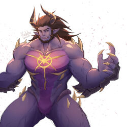 Rule 34 | 1boy, bara, beard, brown hair, bulge, character request, check character, chest jewel, colored skin, debris, dragon boy, dragon horns, dungeon and fighter, facial hair, feet out of frame, fingernails, highres, horns, immortal (dungeon and fighter), kulolin, large hands, large pectorals, long hair, looking at viewer, male focus, male priest (dungeon and fighter), mature male, muscular, muscular male, nude, pectorals, pointy ears, purple skin, sharp fingernails, solo, thick thighs, thighs, unfinished, white background