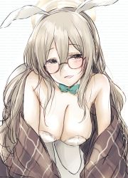 Rule 34 | 1girl, akane (blue archive), akane (bunny) (blue archive), animal ears, baran. (ba ra ran), blue archive, blush, breasts, cleavage, detached collar, fake animal ears, glasses, hair between eyes, halo, highres, large breasts, leaning forward, leotard, light brown hair, long hair, looking at viewer, plaid shawl, playboy bunny, rabbit ears, rectangular eyewear, shawl, smile, solo, straight hair, striped, striped background, very long hair, white leotard