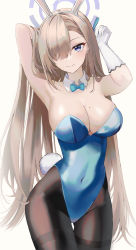 Rule 34 | 1girl, absurdres, animal ears, arm behind head, armpits, arms up, asuna (blue archive), asuna (bunny) (blue archive), bare shoulders, black pantyhose, blue archive, blue bow, blue bowtie, blue eyes, blue leotard, bow, bowtie, breasts, cleavage, closed mouth, collar, covered navel, cowboy shot, detached collar, fake animal ears, fake tail, gloves, hair over one eye, halo, highleg, highleg leotard, highres, large breasts, leotard, light brown hair, long hair, mole, mole on breast, nacho (nacho 1103), one eye covered, pantyhose, playboy bunny, rabbit ears, rabbit tail, shiny clothes, sidelocks, simple background, smile, solo, straight hair, strapless, strapless leotard, tail, thigh gap, thighband pantyhose, very long hair, white background, white collar, white gloves, wing collar