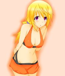 Rule 34 | 10s, 1girl, arms behind back, bikini, blonde hair, blush, breasts, charlotte dunois, cleavage, female focus, gradient background, infinite stratos, navel, open mouth, ponytail, purple eyes, solo, swimsuit