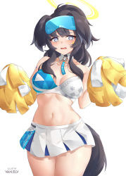 Rule 34 | 1girl, absurdres, black hair, blue archive, blunt bangs, blush, breasts, cleavage, clothes writing, commentary, cowboy shot, crop top, facial mark, goggles, goggles on head, grey eyes, halterneck, hibiki (blue archive), hibiki (cheer squad) (blue archive), highres, large breasts, long hair, looking at viewer, messy hair, midriff, millennium cheerleader outfit (blue archive), miniskirt, navel, pleated skirt, pom pom (cheerleading), revision, simple background, skirt, solo, standing, star (symbol), stomach, thighs, van.elv, white background, white skirt