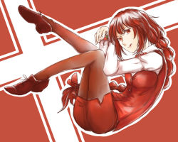 Rule 34 | 1girl, boned-woo, bow, bowtie, braid, cross, food, fruit, full body, long hair, looking at viewer, miniskirt, okazaki yumemi, pantyhose, red eyes, red hair, shirt, shoes, skirt, solo, strawberry, tongue, tongue out, touhou, touhou (pc-98), vest