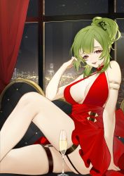 Rule 34 | 1girl, absurdres, bare legs, breasts, city lights, commission, couch, cup, dress, drinking glass, feet out of frame, garter straps, girls&#039; frontline, green hair, hair ornament, hand in own hair, highres, legs, lips, long hair, looking at viewer, medium breasts, mk48 (girls&#039; frontline), nail polish, open mouth, pixiv commission, red dress, red eyes, red nails, sitting, solo, uyuyuun, window, wine glass