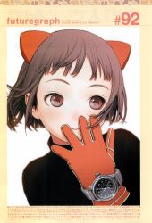 Rule 34 | 10s, 1girl, 2011, absurdres, animal ears, bob cut, brown eyes, brown hair, covering own mouth, face, futuregraph, gloves, highres, murata range, short hair, smile, solo, watch
