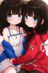 Rule 34 | 2girls, absurdres, armpit crease, bare legs, black choker, black hair, black pantyhose, blue eyes, blue hoodie, child, choker, closed mouth, collarbone, commentary, comodomodo, dangle earrings, dress, earrings, english commentary, faeryn (comodomodo), flat chest, frown, highres, hood, hoodie, hug, jewelry, light blush, long hair, looking at viewer, low twintails, mole, mole on arm, multiple girls, necklace, off shoulder, open clothes, open hoodie, original, pantyhose, red hoodie, sheryn (comodomodo), smile, star (symbol), star in eye, star necklace, symbol in eye, twintails, white dress
