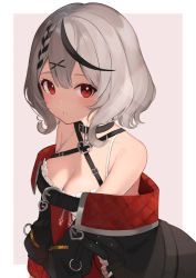 Rule 34 | 1girl, absurdres, bare shoulders, black collar, black hair, black jacket, braid, breasts, brown background, camisole, cleavage, collar, commentary request, frilled camisole, frills, grey hair, heart, highres, hololive, jacket, looking at viewer, medium breasts, multicolored hair, off-shoulder jacket, off shoulder, parted lips, red eyes, sakamata chloe, sakamata chloe (1st costume), solo, streaked hair, two-tone background, upper body, virtual youtuber, white background, white camisole, yudetama