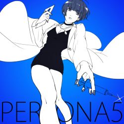 Rule 34 | 10s, 1girl, bad id, bad pixiv id, breasts, cleavage, copyright name, dress, from below, jewelry, lab coat, ma- (maa), nail polish, necklace, persona, persona 5, short hair, syringe, takemi tae