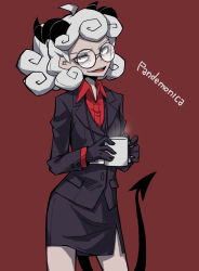 Rule 34 | 1girl, ahoge, black gloves, black horns, black skirt, character name, contrapposto, cowboy shot, cup, demon girl, demon horns, demon tail, evil smile, formal, glasses, gloves, helltaker, highres, holding, holding cup, horns, id card, jacket, long sleeves, looking at viewer, medium hair, miniskirt, necktie, no mae (mikakatachi), open mouth, pale skin, pandemonica (helltaker), pantyhose, red background, red eyes, red shirt, round eyewear, shirt, simple background, skirt, smile, suit, tail, teeth, upper teeth only, white hair