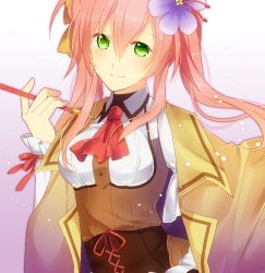 Rule 34 | 1girl, bad id, bad pixiv id, cape, corset, flower, flower knight girl, gradient background, green eyes, hair flower, hair ornament, holding, holding smoking pipe, knenj, long hair, looking at viewer, necktie, pink hair, ponytail, purple background, red necktie, saffron (flower knight girl), smile, smoking pipe, solo, upper body, white background