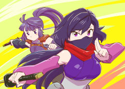 Rule 34 | 10s, 2girls, akatsuki (log horizon), ayame (gundam build divers), bare shoulders, black hair, blush stickers, breast envy, breasts, creator connection, crossover, detached sleeves, flat chest, green background, gundam, gundam build divers, hair between eyes, japanese clothes, katana, kuji-in, kunai, log horizon, long hair, mask, medium breasts, mouth mask, multicolored background, multiple girls, ninja, ninja mask, ponytail, purple eyes, purple hair, red scarf, reverse grip, scarf, shiny clothes, sleeveless, sword, trait connection, twintails, ueyama michirou, very long hair, weapon, yellow background