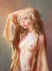 Rule 34 | 1girl, arm at side, arm up, blonde hair, blue eyes, breasts, breasts apart, expressionless, from side, hand in own hair, hand on own head, light, lips, long hair, looking afar, looking to the side, loose clothes, messy hair, nababa, nipples, nose, original, parted lips, realistic, ruffling hair, see-through, small breasts, solo, standing, upper body, wide sleeves