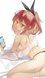 Rule 34 | 1girl, absurdres, cellphone, chukibabo2, clothes down, from behind, hair ribbon, head on hand, highres, lying, on stomach, original, phone, ponytail, red eyes, red hair, ribbon, smartphone, thong